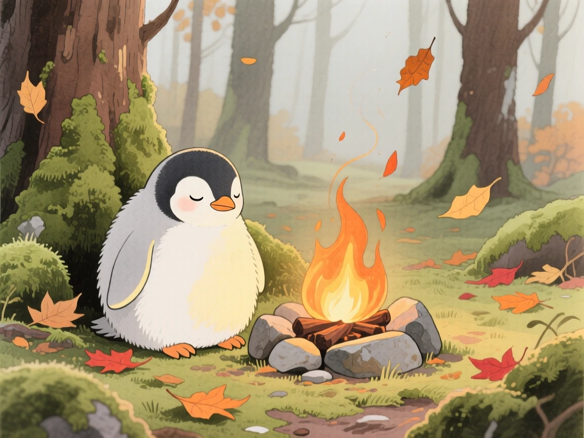 A baby penguin dozes beside a warm hearth in a mossy forest clearing, as autumn leaves swirl around