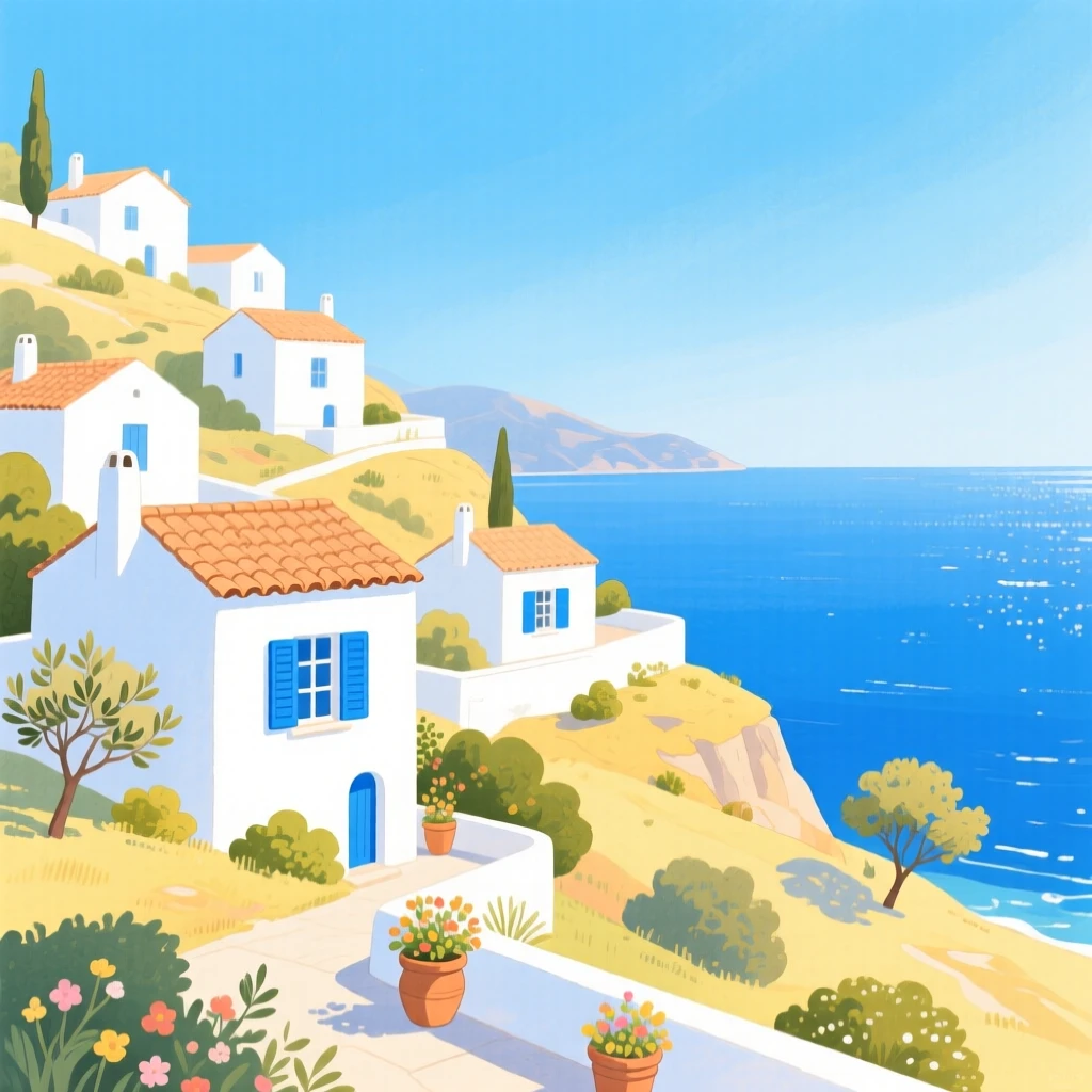 A hillside village of whitewashed houses over the Aegean Sea, glowing in warm afternoon light.