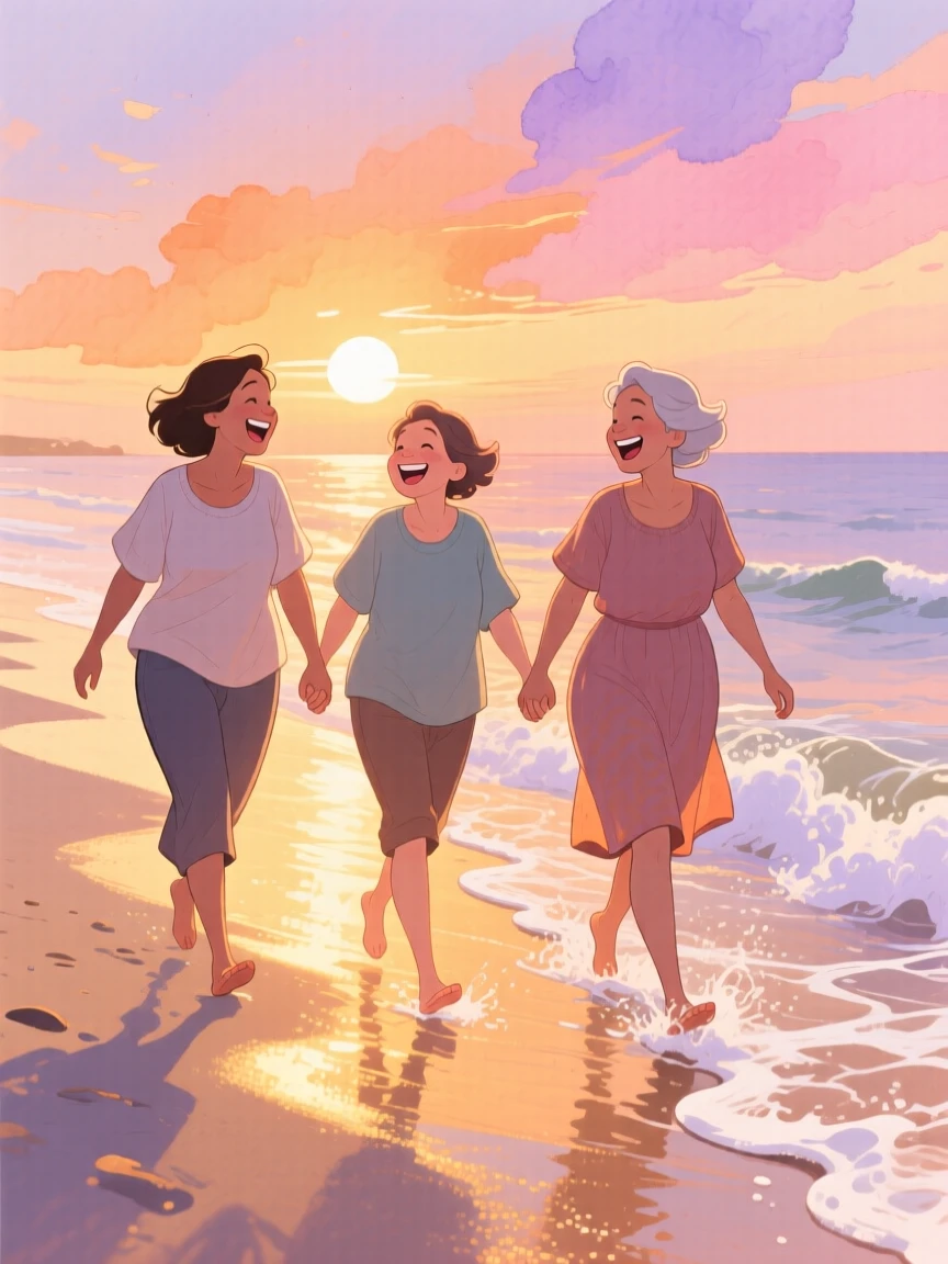 Three generations of women walking hand in hand along a beach at sunset, in a golden shoreline with gentle waves, with laughter caught mid-motion, the enduring strength of family love.