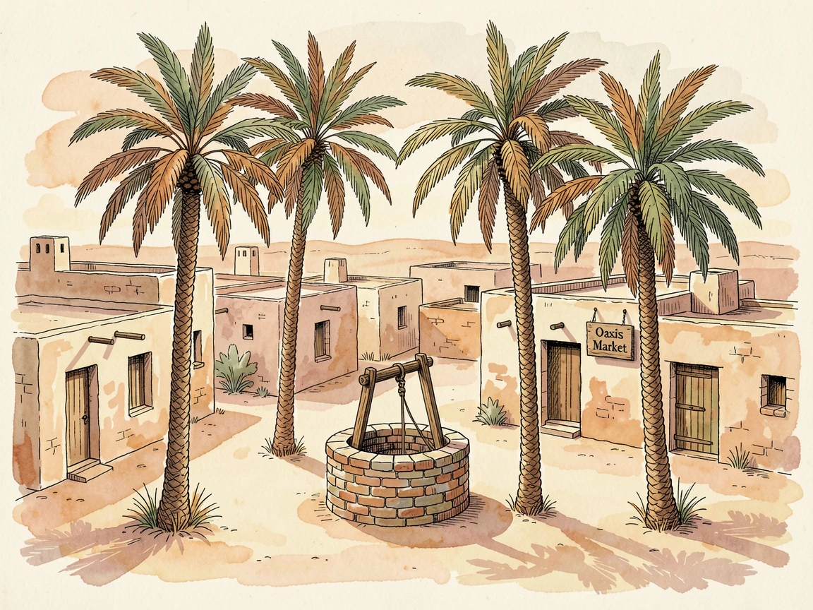 A desert oasis town with palm trees clustered around a central well, warm afternoon light settling over the weathered stone and rooftops.