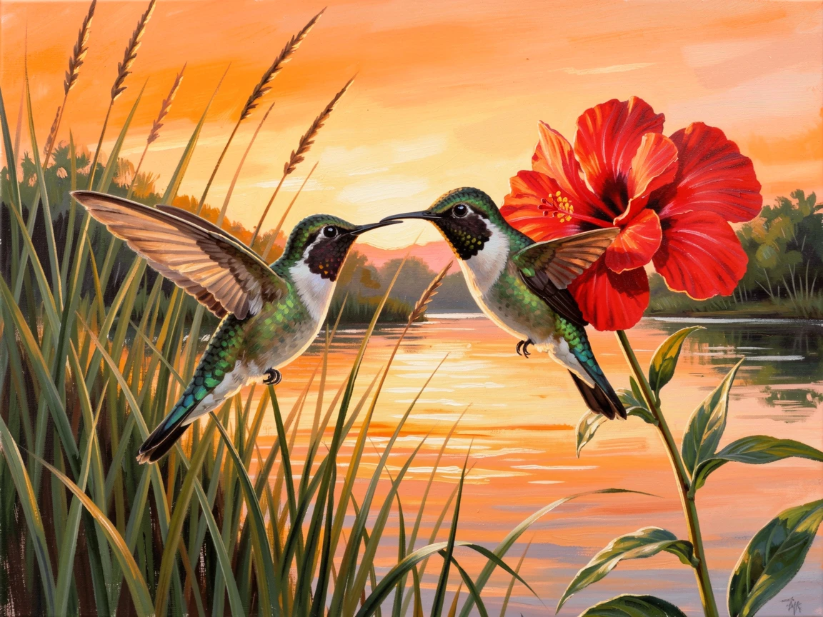 A hummingbird hovering beside a bright red flower, beside a quiet, reed-lined wetland, it preening its feathers in the soft light, at sunset, silhouetted against a brilliant orange sky.
