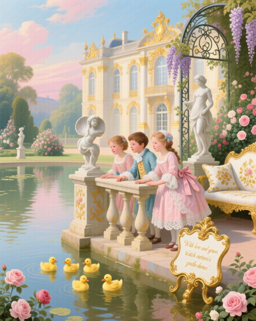 Children watching ducklings swim across a palace pond  