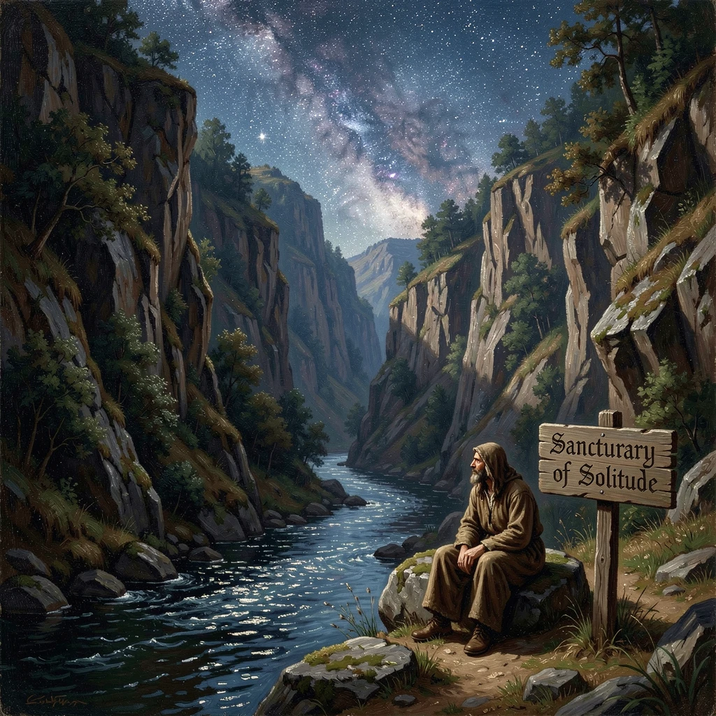 A hermit rests upon a steep gorge cut by an ancient river beneath a canopy of stars.