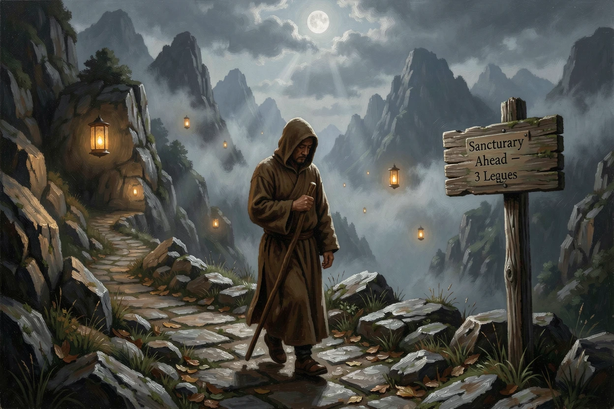 A wandering monk walking a path lit by floating lanterns through misty mountains, as beams of light cut dramatically through darkness or fog, combining epic scale with rich, immersive atmospheric detail