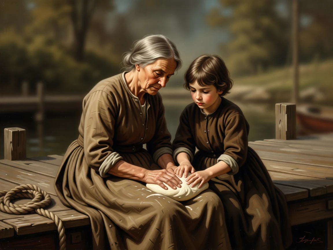 A grandmother teaching a child to knead bread dough holding perfectly still in contemplative silence, set on a weathered dockside bench beside coiled rope, with a single shaft of light illuminating an expressive face; soft background blur isolates the sitter as the clear focal point, conveying quiet dignity and inner life.