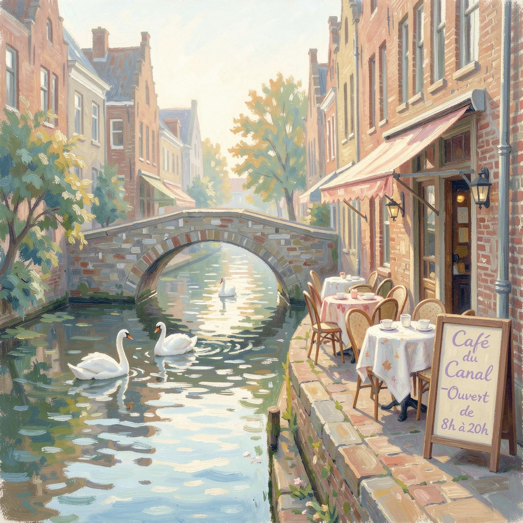 A quiet canal-side café in Bruges, swans gliding past beneath a medieval stone bridge, evoking timeless charm and quiet elegance.