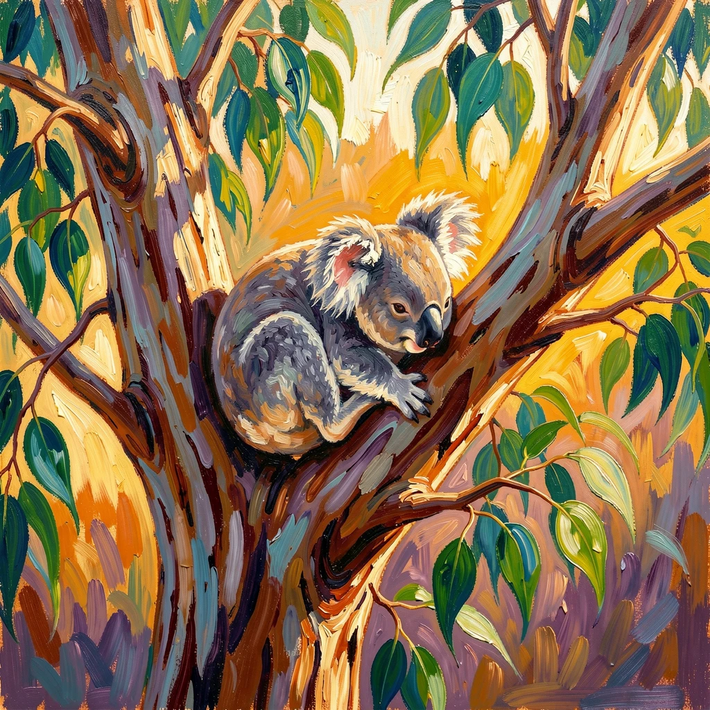 A koala dozing in the fork of a eucalyptus tree under the afternoon sun.