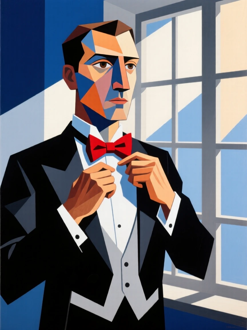 An elegant lifestyle scene of a groom adjusting his bow tie in soft window light before the ceremony.