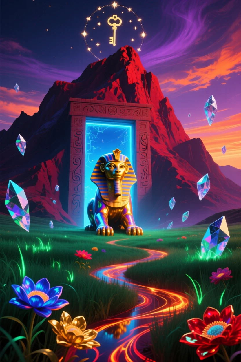 A sphinx guarding a doorway carved into the base of a mountain moves gracefully through a field of tall glowing grass, as flowers bloom instinctively wherever it steps.