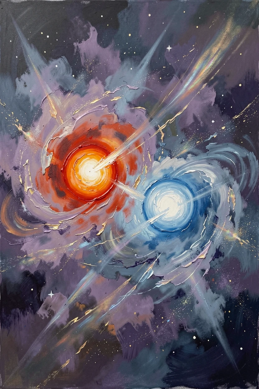 A distant binary star system glows in brilliant contrasting colors, their combined light illuminating swirling dust clouds in the surrounding void, faint traces of light or energy drifting through the air to heighten the sense of magic.