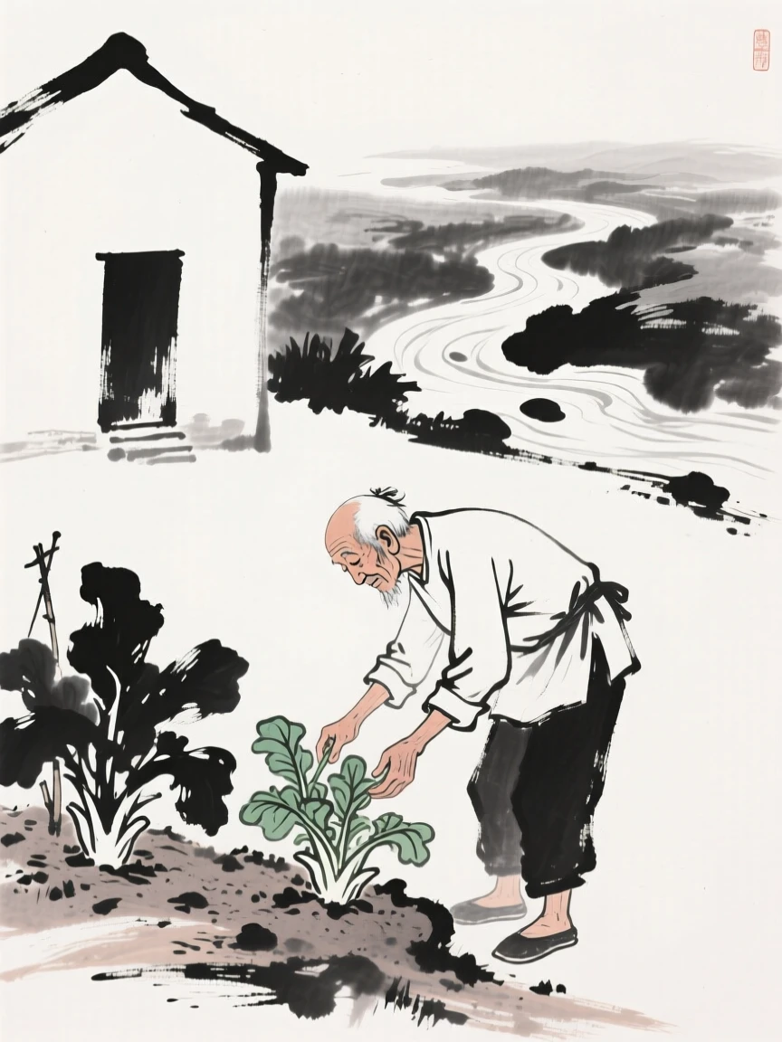 An elderly farmer tends a small vegetable garden beside his home, with the sound of a nearby stream filling the quiet air.