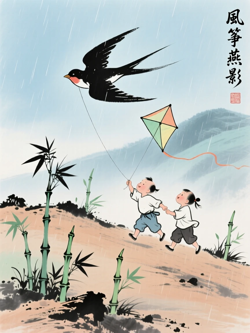 Children flying a kite shaped like a swallow on a breezy hillside, in a gentle drizzle, as new bamboo shoots break through the soil.
