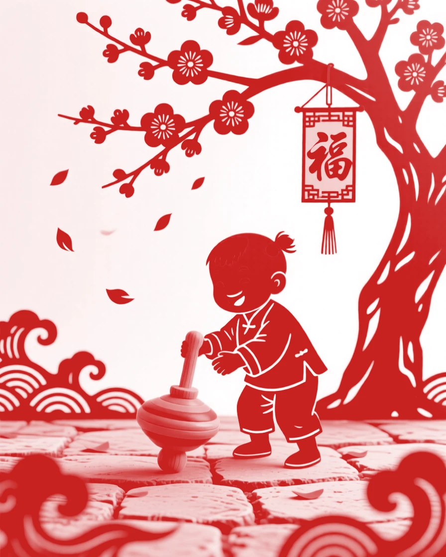 A small boy with a wooden toy, spinning a colorful top on a stone floor, petals drifting down around them from a nearby tree.
