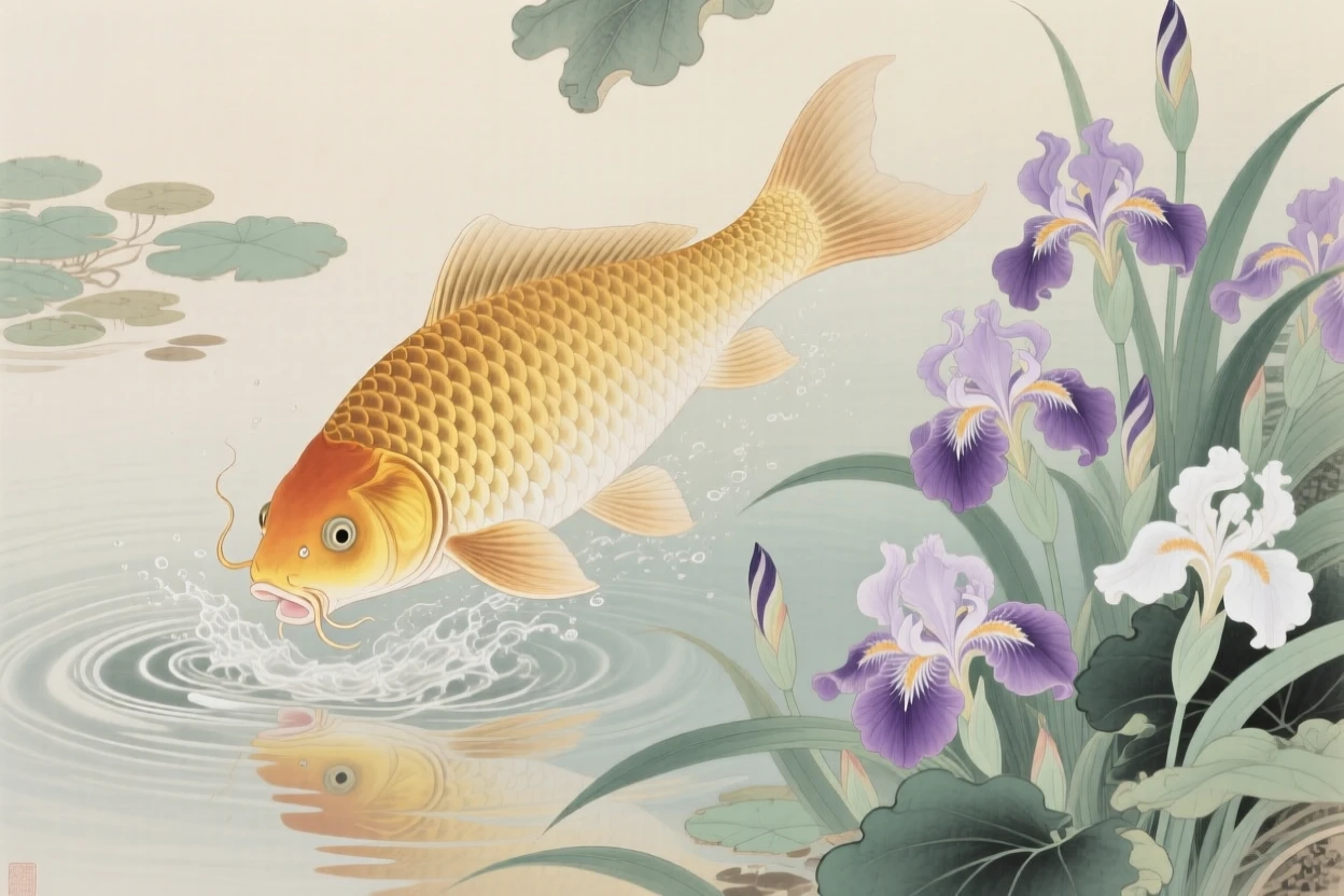 A single golden carp leaping from the water in a garden pond surrounded by iris flowers