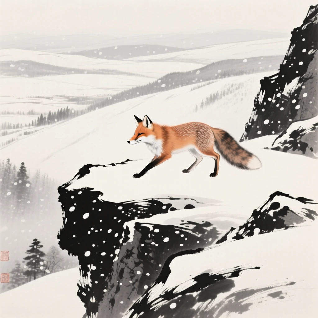 A fox moving silently through falling snow on a rocky outcrop above a valley, framed low to the ground for an intimate, close perspective, suggesting calm alertness within a peaceful world.