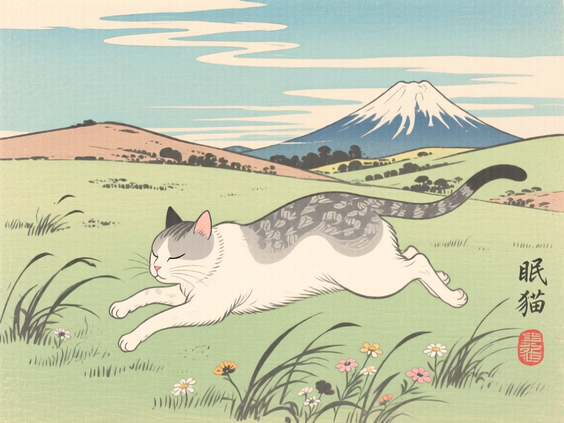 A sleeping cat galloping across an open grassy plain.