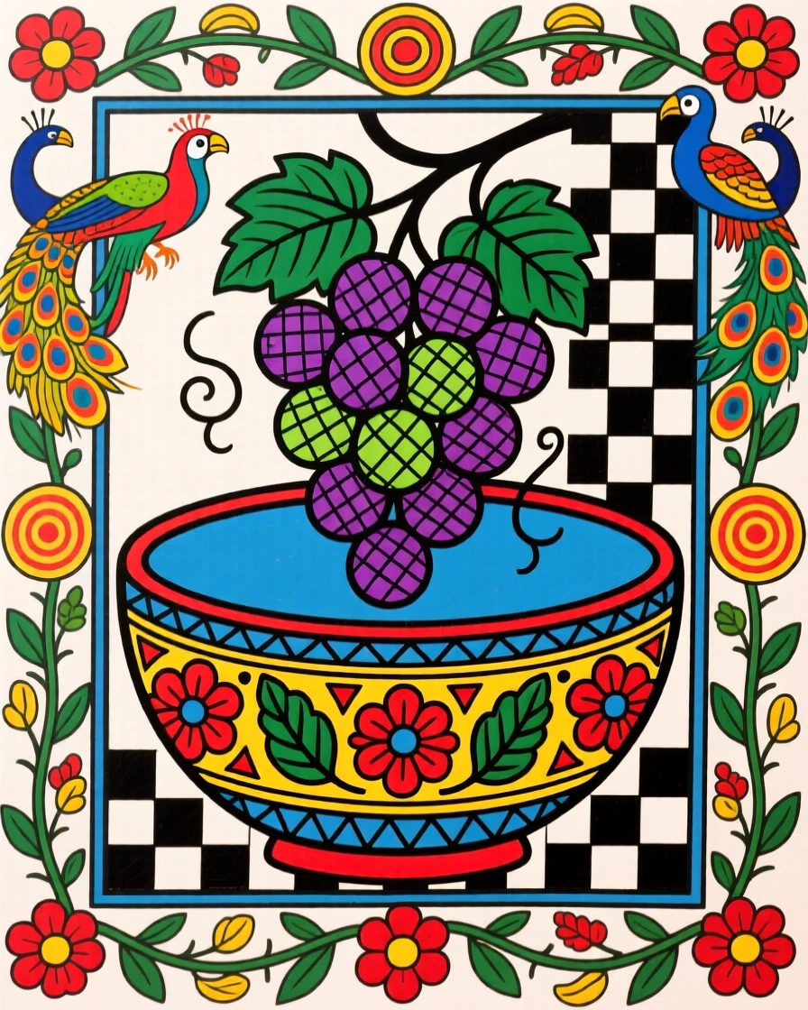A cluster of grapes draped over the edge of a ceramic bowl.