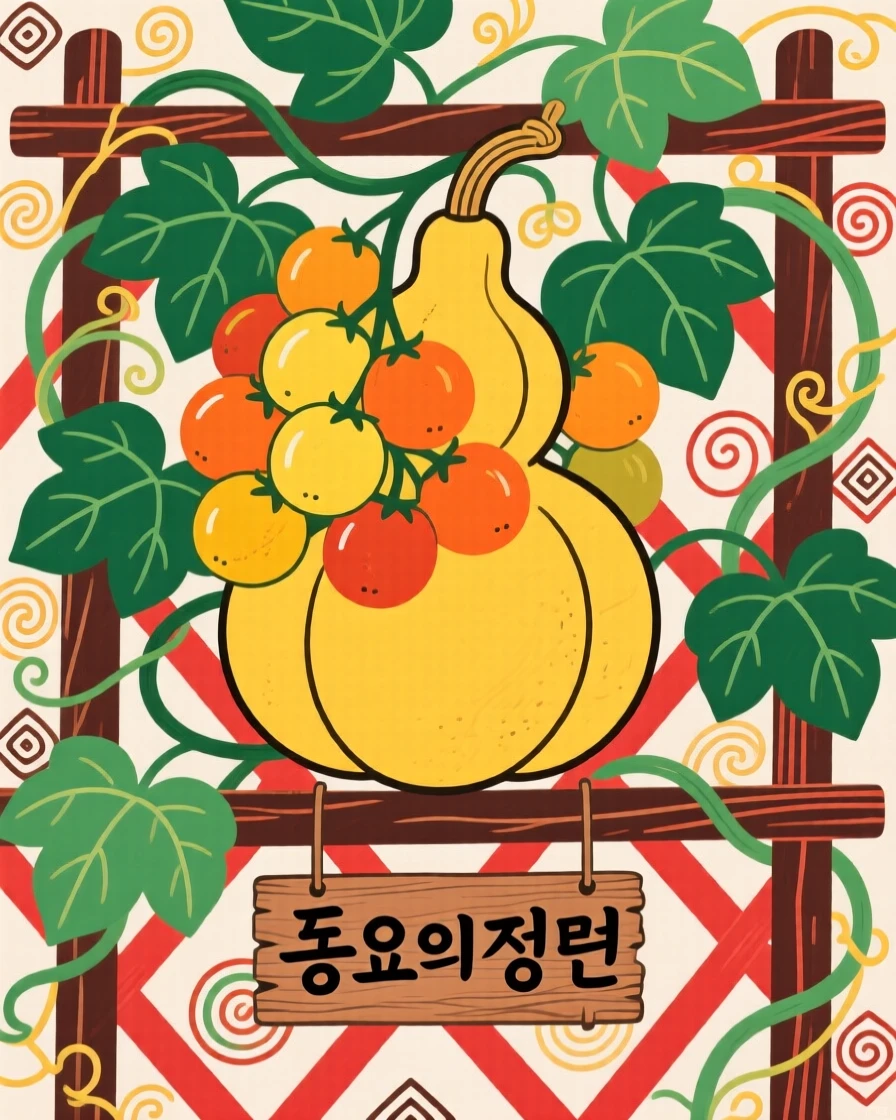 A gourd overflowing with ripening fruit on a garden trellis, symbolizing fertility and abundance.