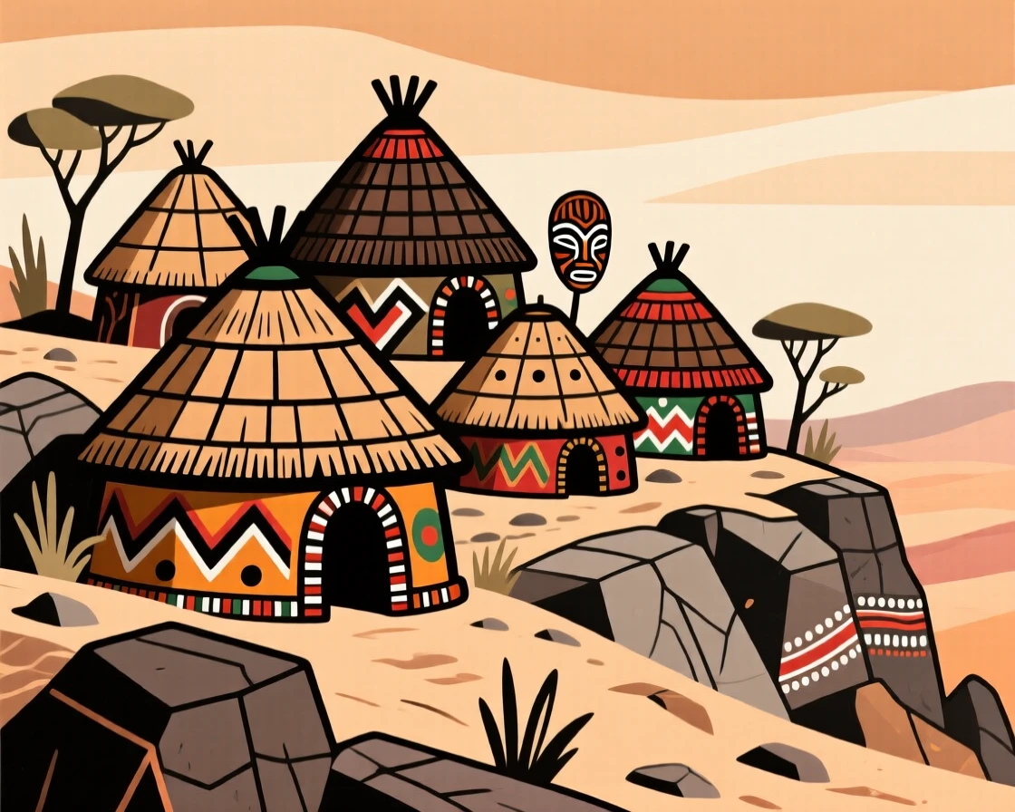 A beehive-shaped hut village perched on a rocky hillside.