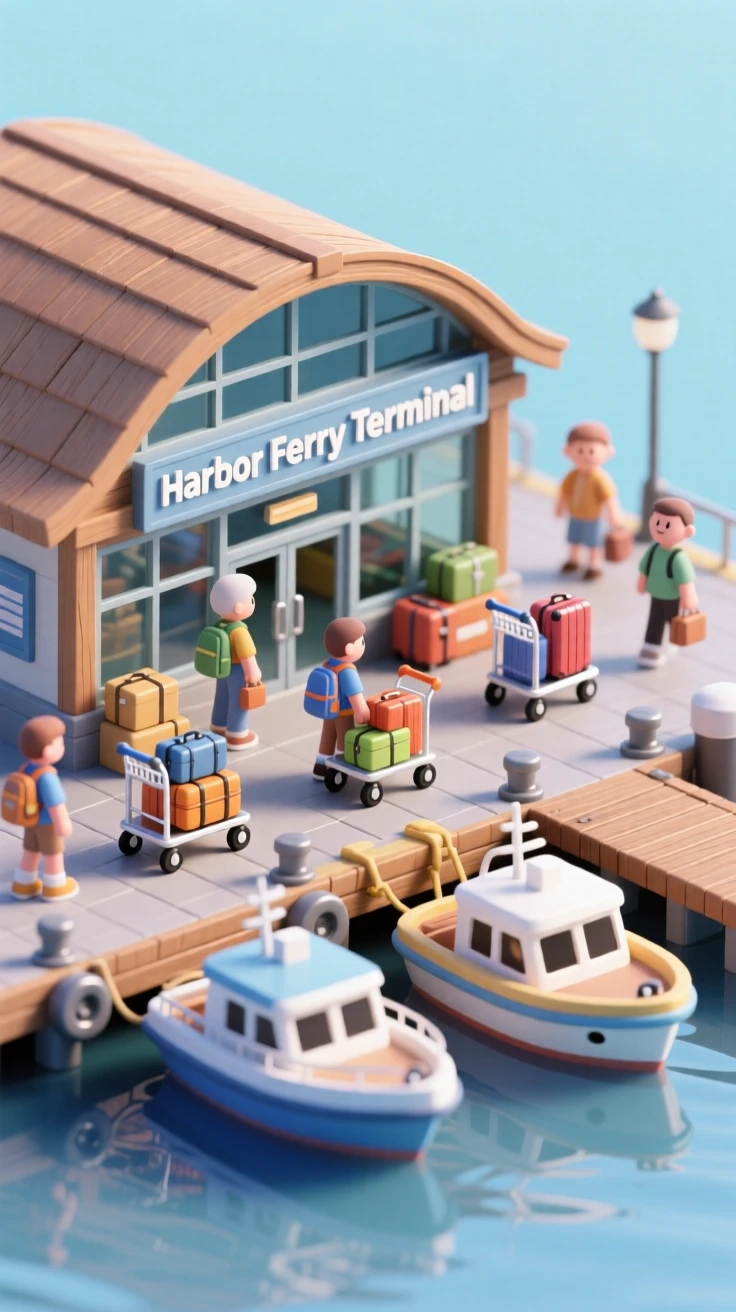A bustling ferry terminal with passengers boarding, luggage carts rolling, and boats bobbing gently at the dock.