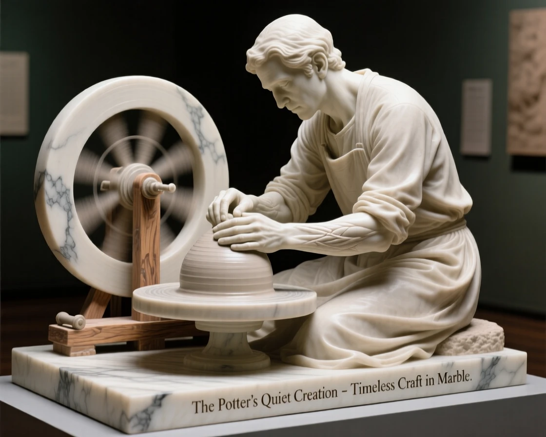 An evocative depiction of a potter shaping clay on a spinning wheel, in a moment of quiet stillness, balancing detail with emotional depth