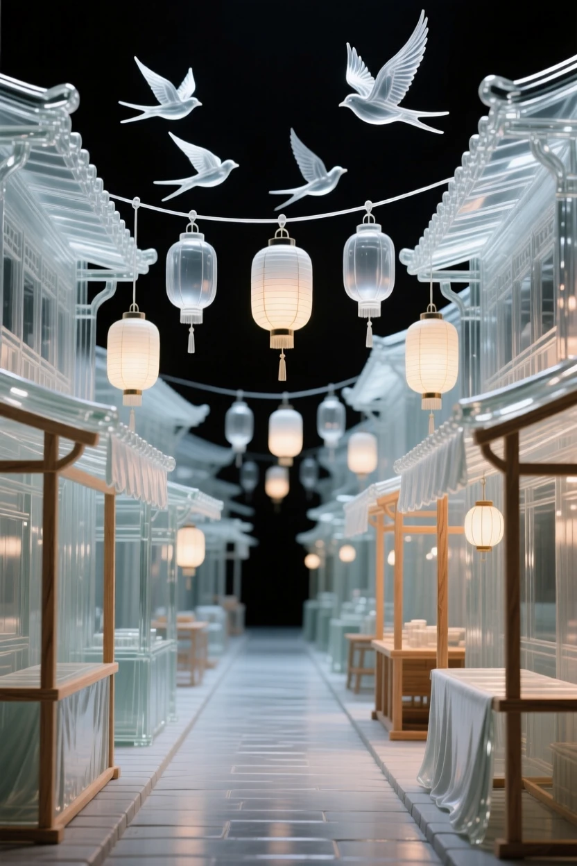 A covered market street lined with hanging lanterns while a flock of birds wheels above the surrounding rooftops
