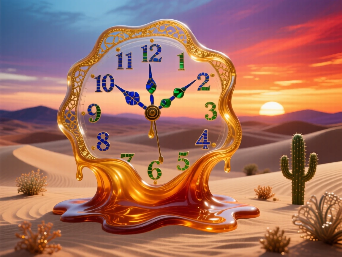 A giant clock face melting over a desert landscape at sunset, surreal and thought-provoking.