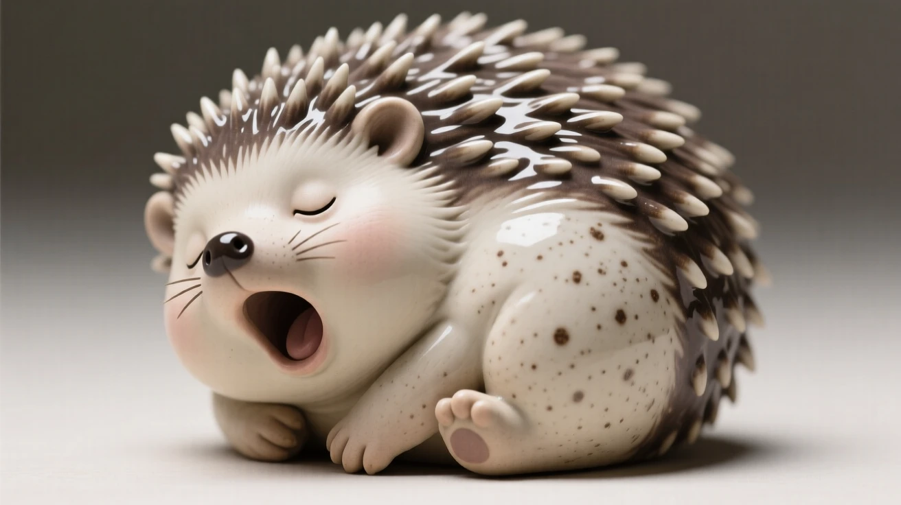 A plump baby hedgehog rolled into a tiny ball captured mid-yawn in a sleepy, sweet moment, dotted with tiny, delicate freckled markings, radiating adorable, joyful innocence.