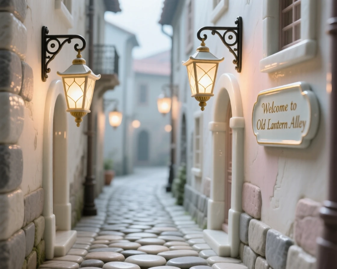 A charming lantern-lit alley in an ancient city, quietly picturesque in the early morning.