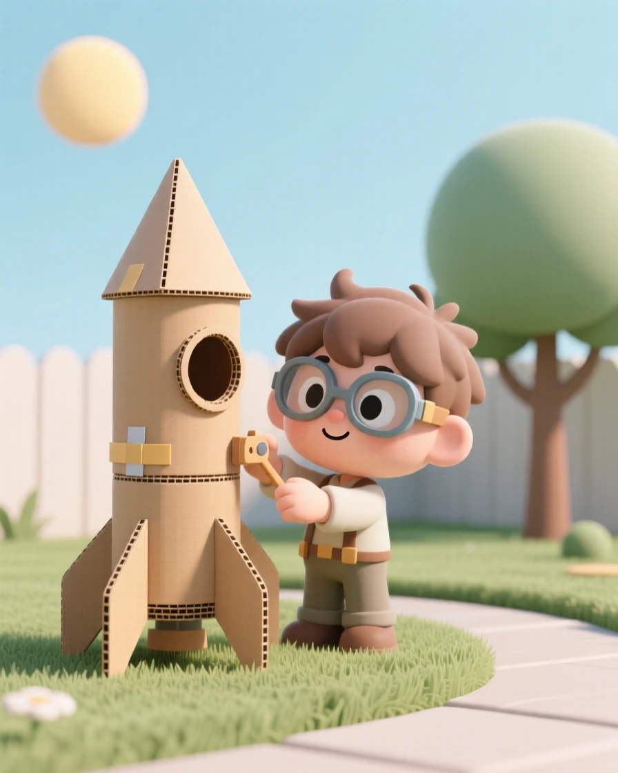 A curious young inventor tests a homemade cardboard rocket in a sunny backyard, safety goggles slightly crooked.