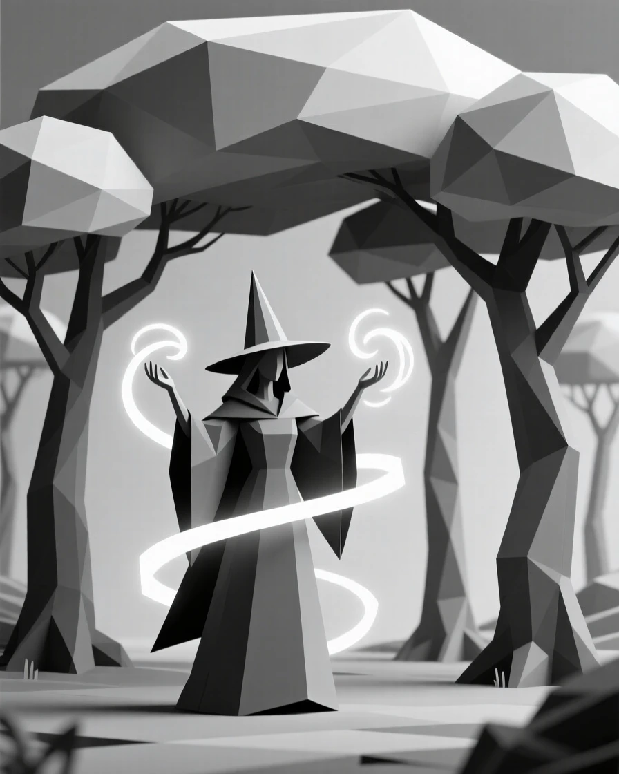 A sorceress conjuring swirling magical light, beneath a canopy of glowing, otherworldly trees. the scale of the scene emphasizes its grandeur. There is an air of ancient mystery.