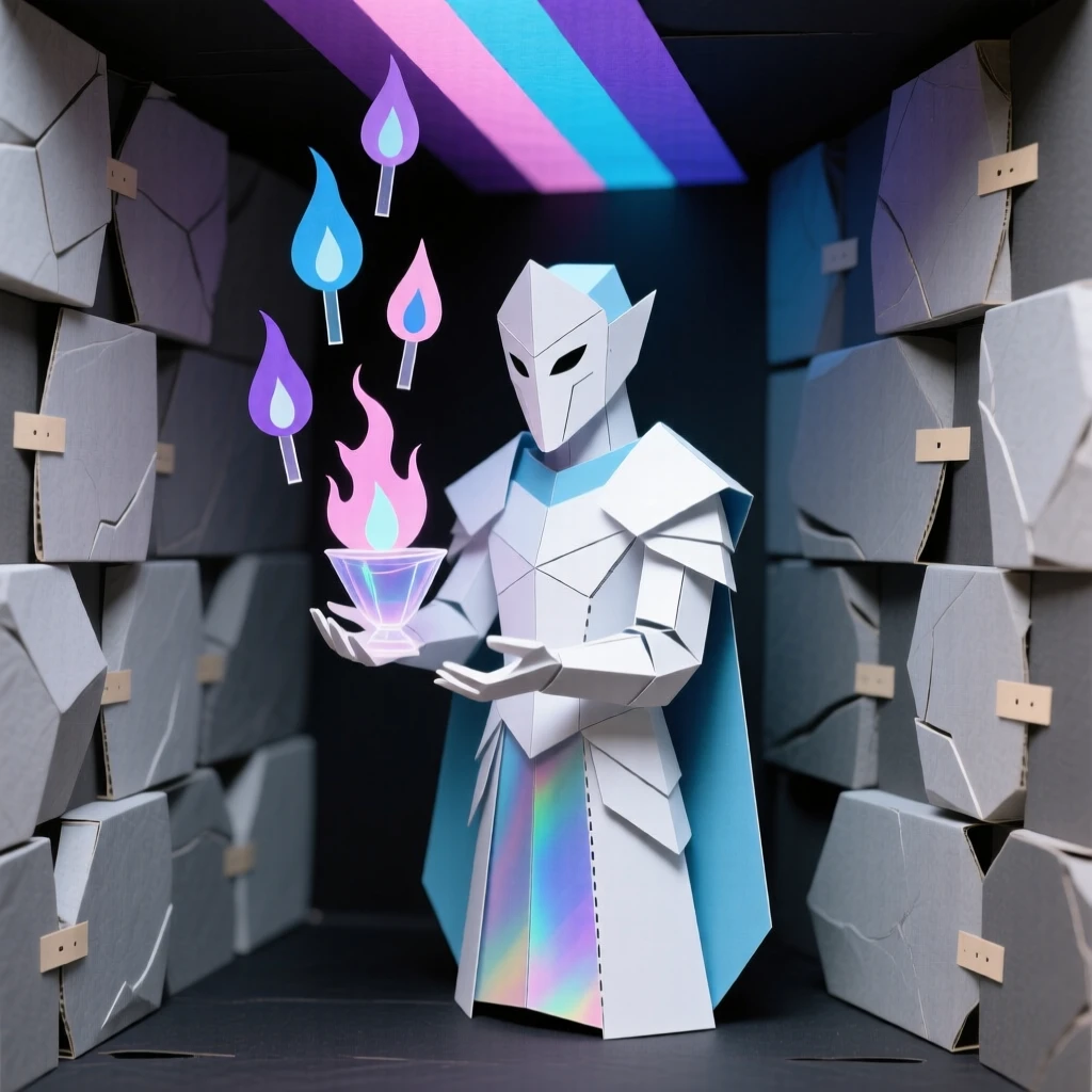 A celestial guardian summoning glowing magic within a stone chamber, with shafts of colored light piercing the darkness, evoking otherworldly beauty.