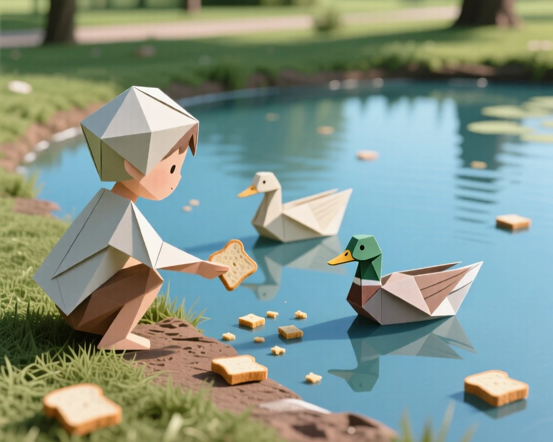 A child feeding ducks at a park pond, bread crumbs scattered across the water.
