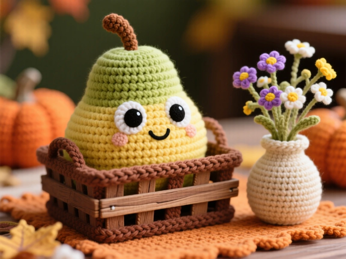 a round pear character, with a soft green-yellow skin, is shown resting in a rustic fruit crate on a warm autumn harvest table beside a small vase of wildflowers on the table, capturing bright, appetizing cheerfulness.