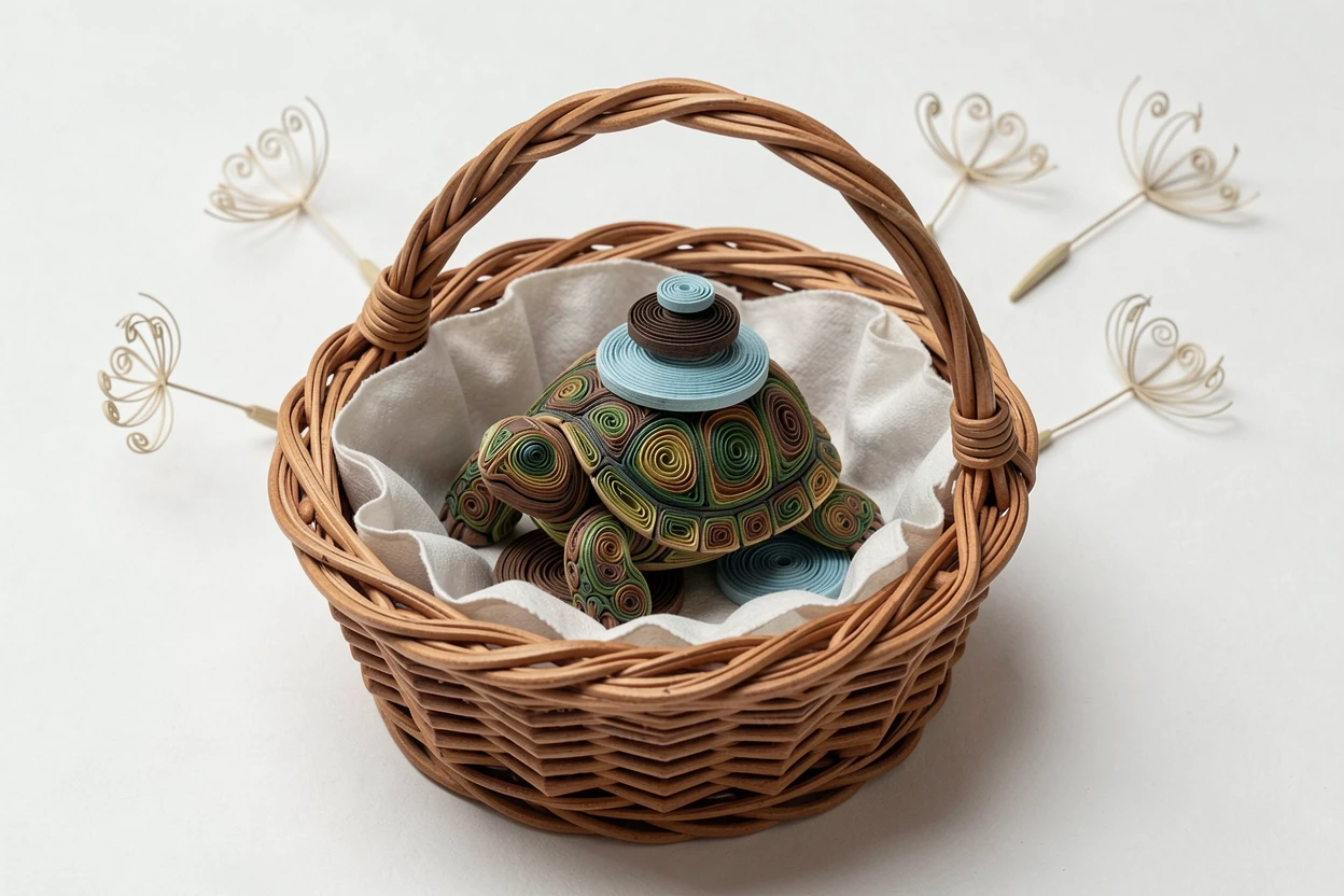 a tiny turtle stacking pebbles into a tower, inside a wicker basket lined with soft blankets, shown from a gentle overhead perspective, accented with a few floating dandelion seeds.