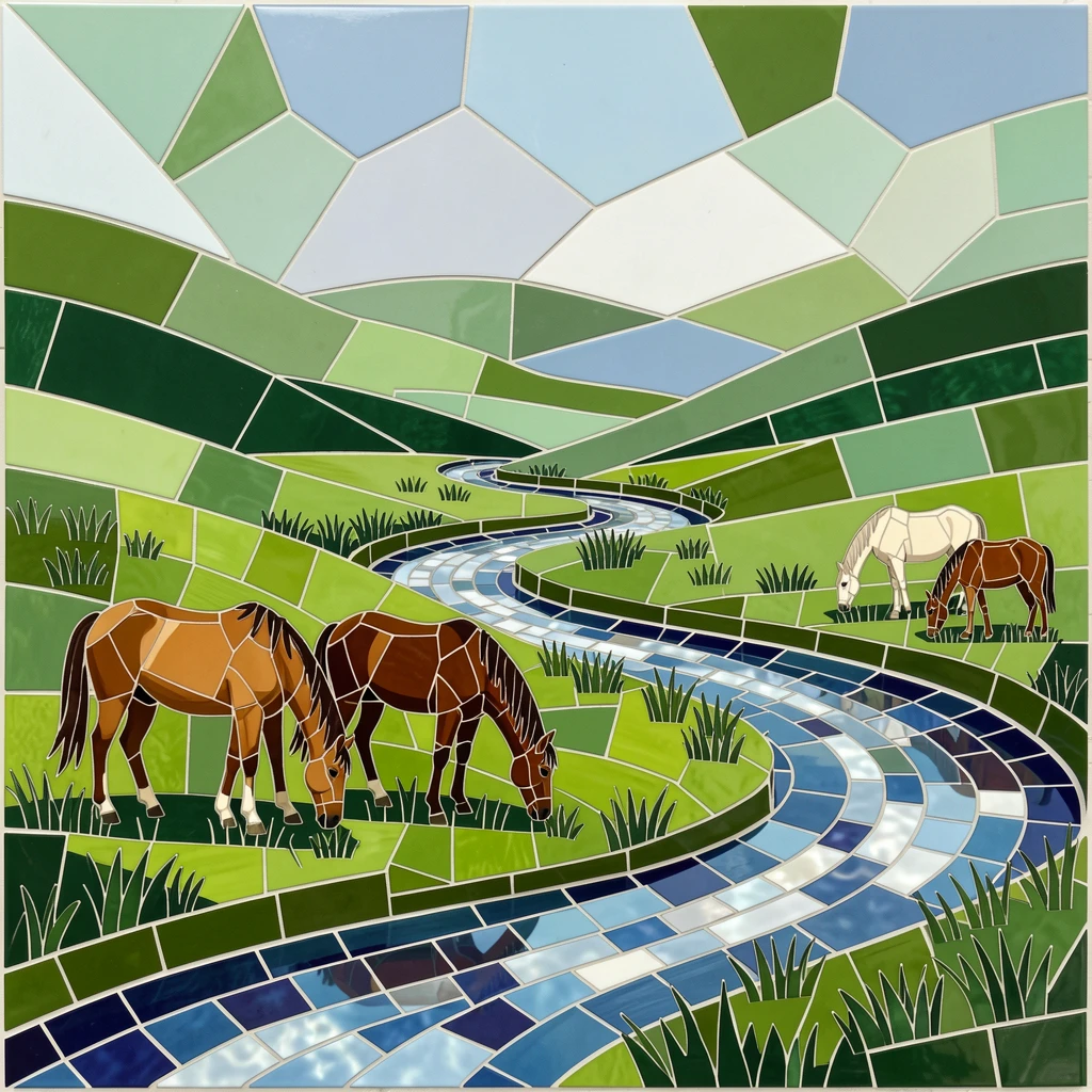 A lush green valley with a winding river and grazing wild horses.