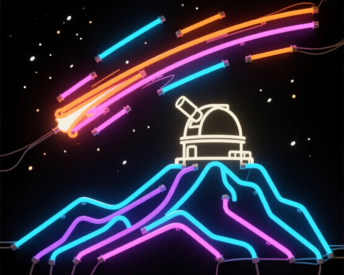 A meteor shower streaking above a mountain observatory.