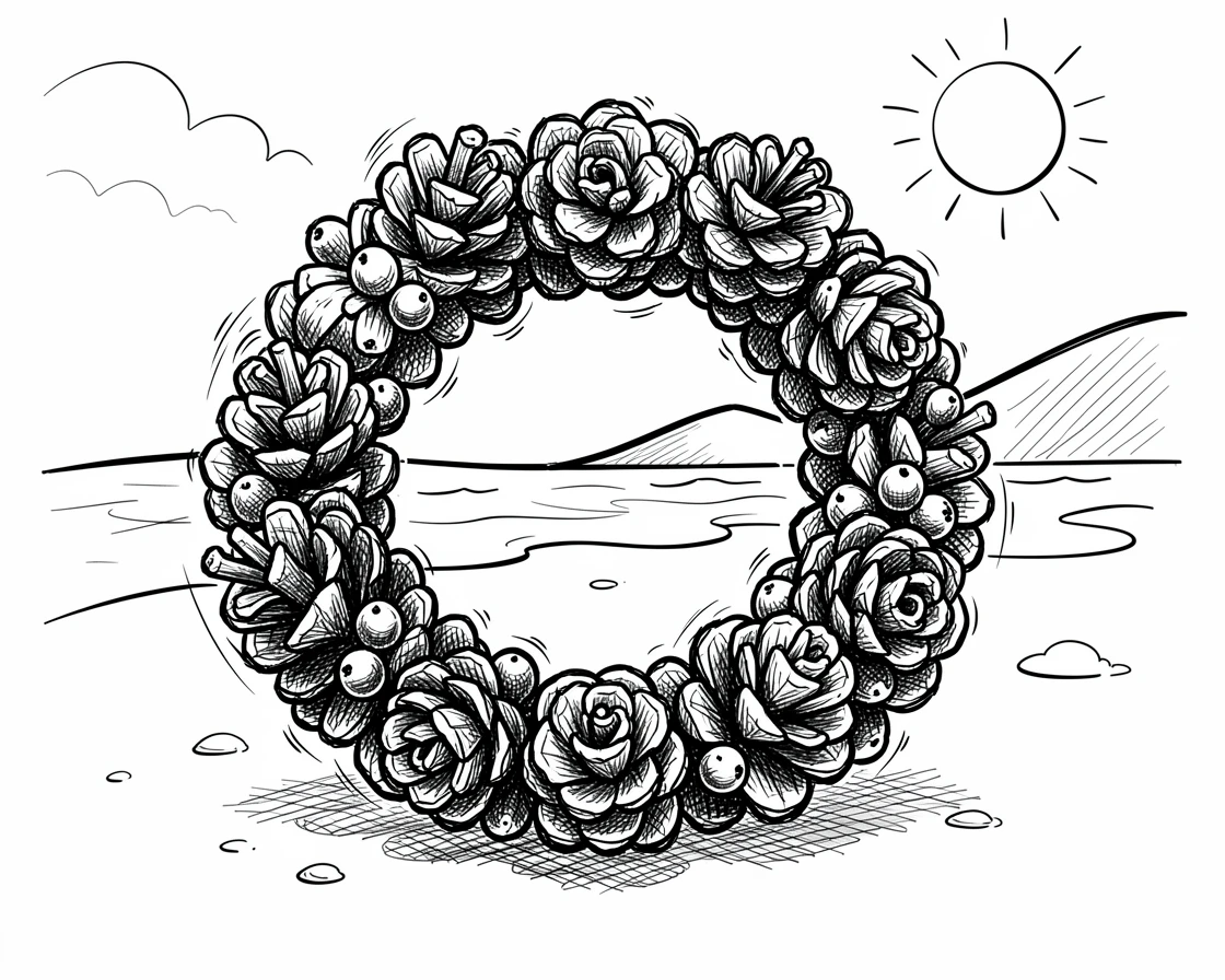 A wreath made of pinecones and berries on a beach at the height of summer.