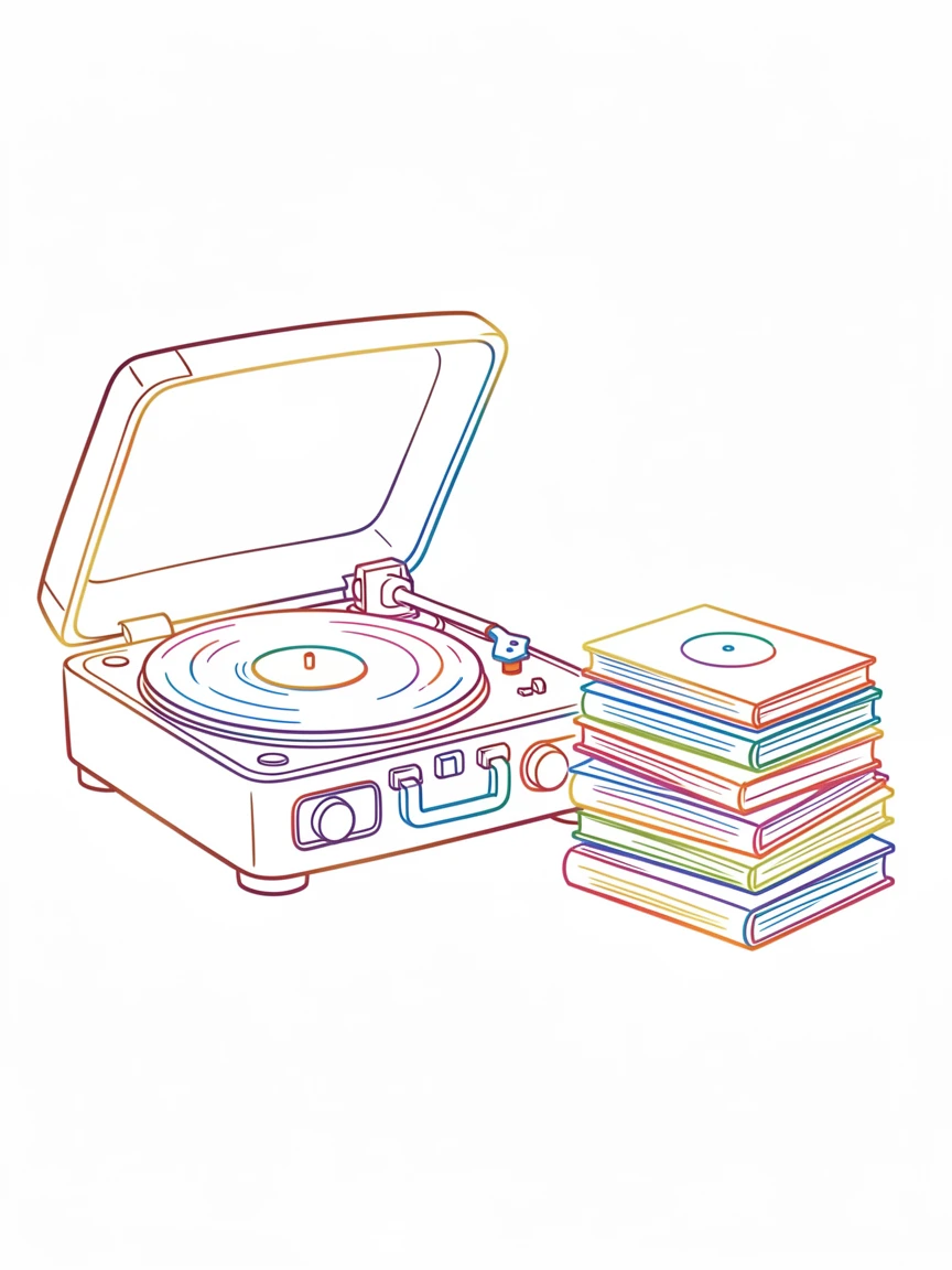 A vintage record player spinning beside a stack of well-loved vinyl albums.