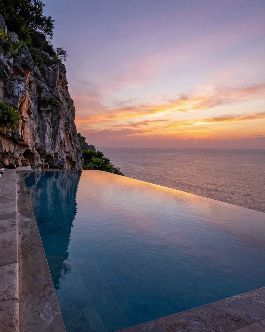 A cliffside infinity pool overlooking the ocean at sunset