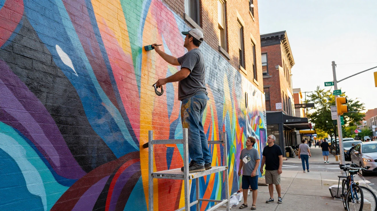 A muralist adds final touches of color to a massive wall painting downtown.