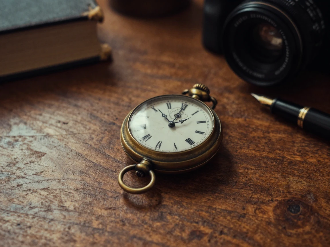 A weathered pocket watch sitting atop a wooden desk, quietly telling its own small story