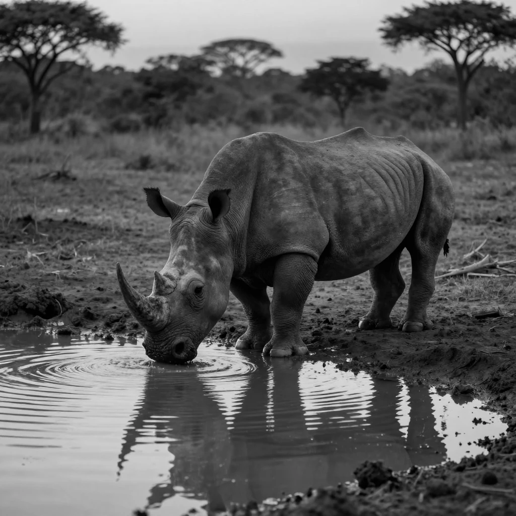 A rhinoceros grazes near a watering hole at dusk beside a muddy watering hole.