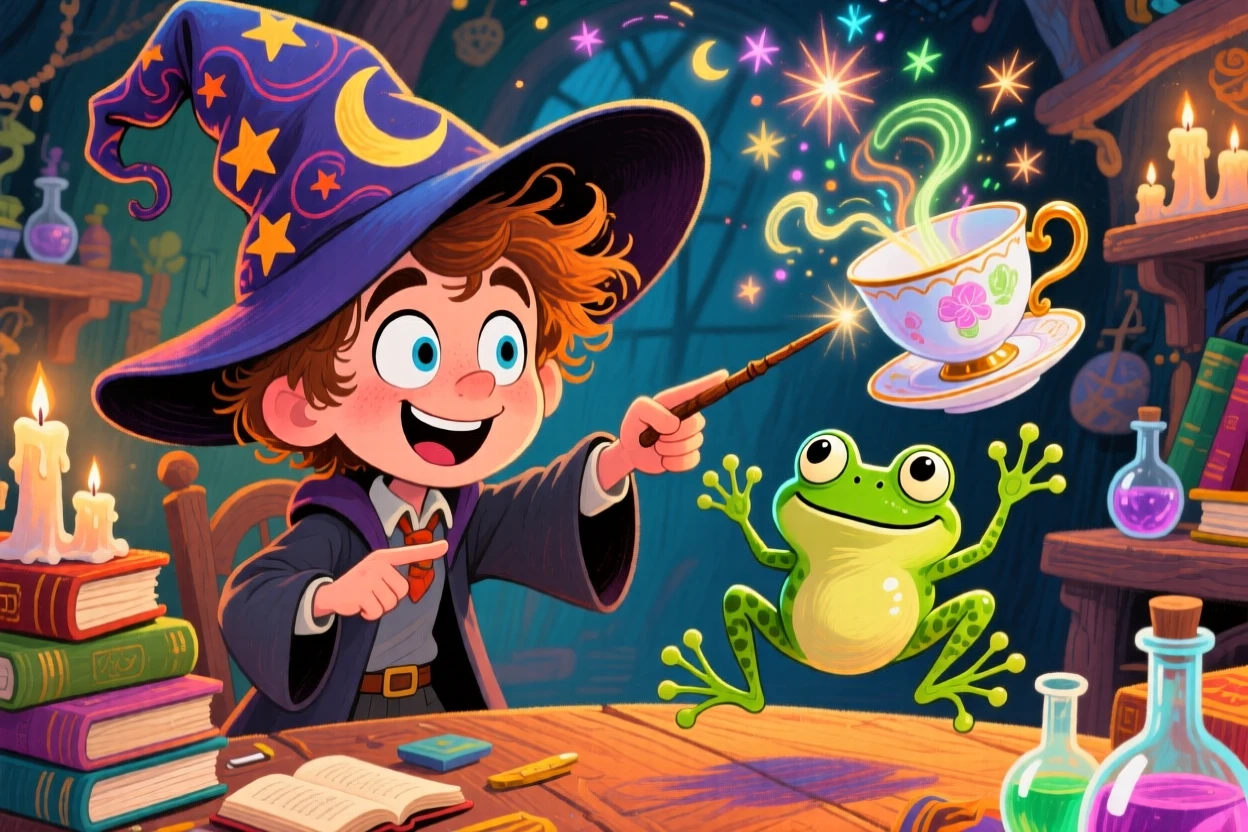 A young wizard's apprentice accidentally turning a teacup into a hopping frog.