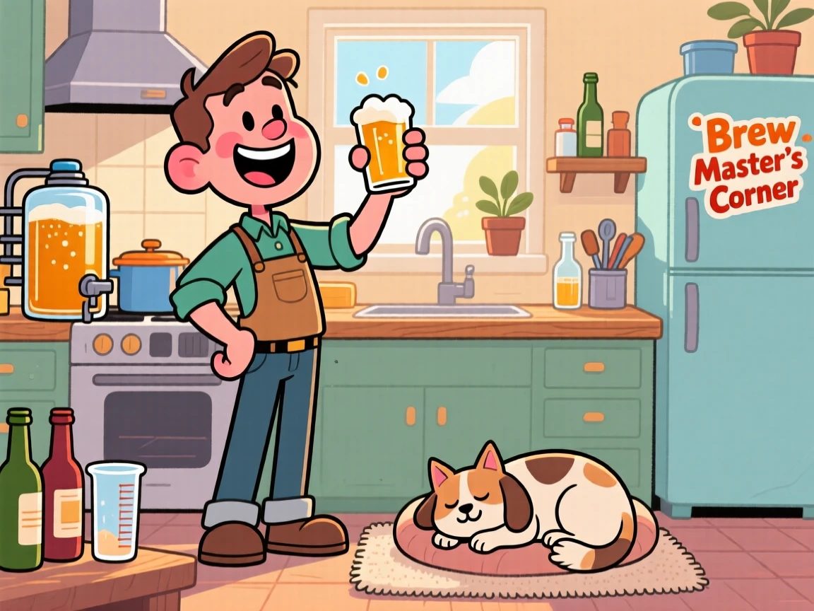 An everyday-life snapshot of a home brewer, grinning at a small but satisfying success, with a contented pet dozing close by.