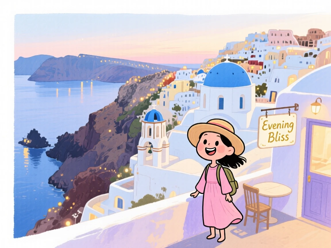 A dreamy travel postcard scene of the Santorini cliffs with white domed buildings overlooking the sea glowing under twinkling evening lights