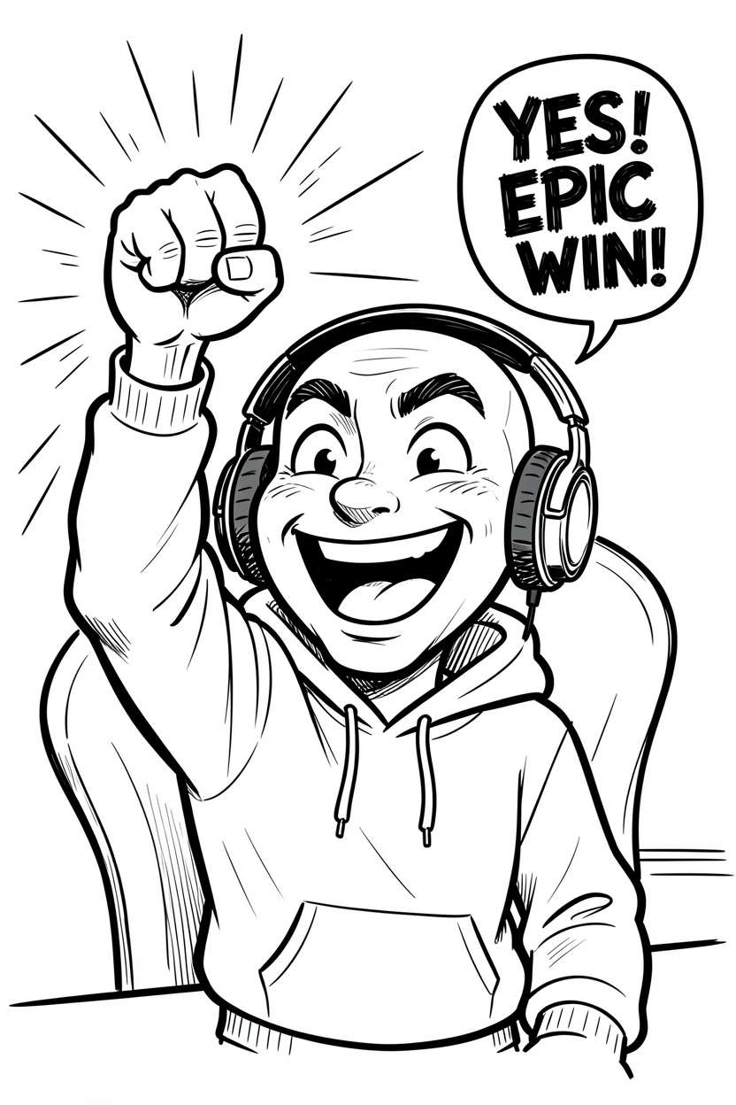 [Trending & Universal Topics] Modern lifestyle scene of a gamer celebrating an epic victory with an explosive fist pump, capturing everyday joy