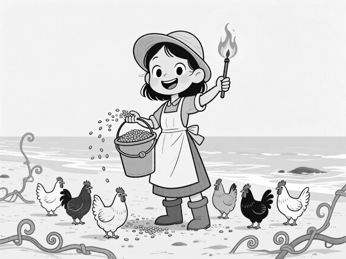 A farmer's daughter feeding chickens from an overflowing bucket, waving the flaming marshmallow like a tiny torch, set on a sandy beach at low tide. Vines with curling tendrils spread across the ground. The image feels like a breath of fresh outdoor air.