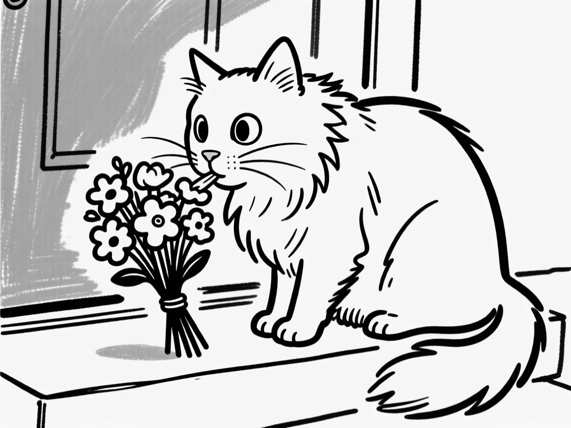 A maine coon cat sniffing a bouquet of flowers on a doorstep, nose twitching.