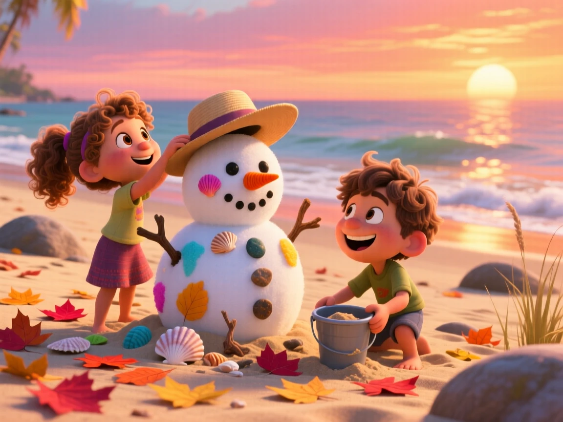 Children building a lopsided snowman happens on a beach during a warm summer sunset, with colorful fallen leaves scattered underfoot. The atmosphere glows with tradition and family warmth.